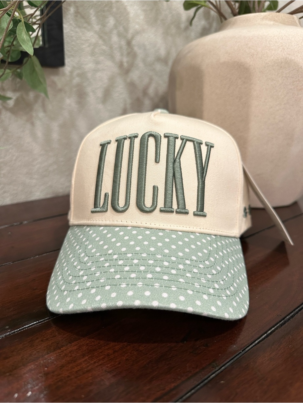 “Lucky” Polka Dot Cap in Sage Green & Cream